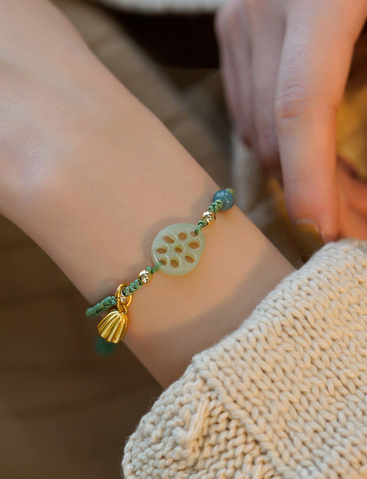 Natural Green Jade Feng Shui Lotus Rope Bracelet