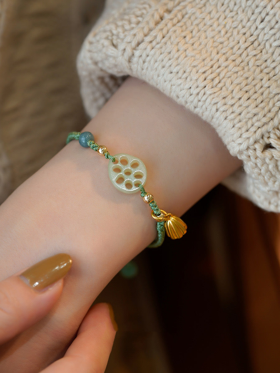 Natural Green Jade Feng Shui Lotus Rope Bracelet