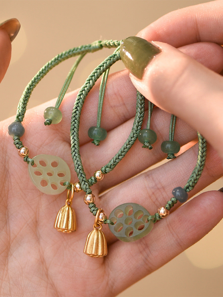 Natural Green Jade Feng Shui Lotus Rope Bracelet