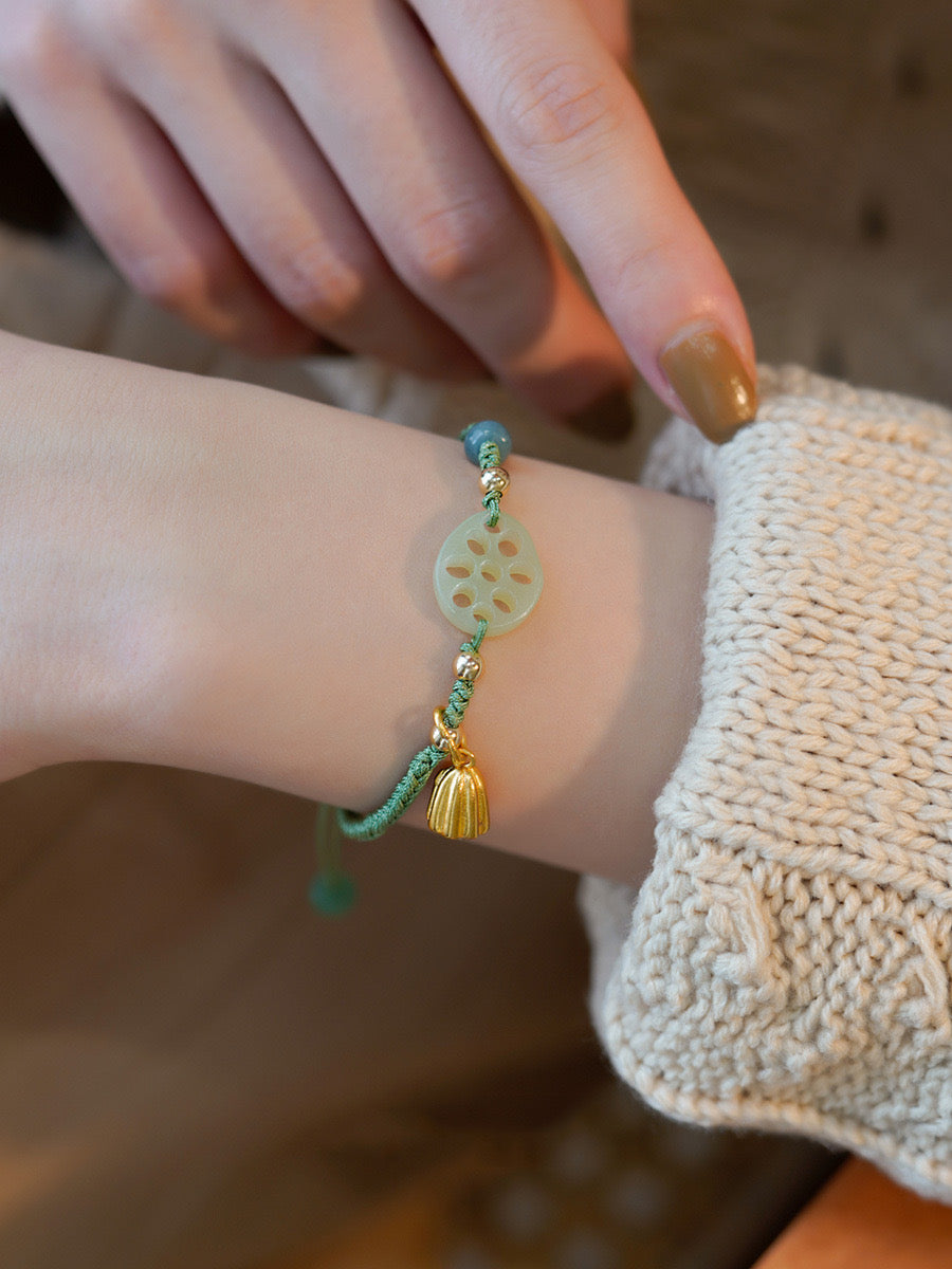 Natural Green Jade Feng Shui Lotus Rope Bracelet