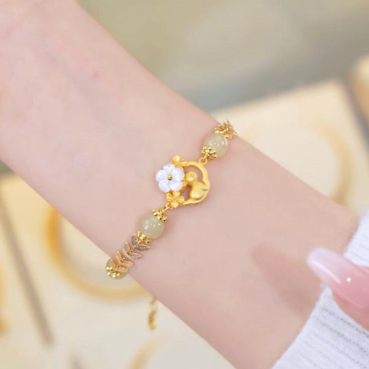 Natural Hetian Jade Feng Shui Rabbit & Flower Bracelet