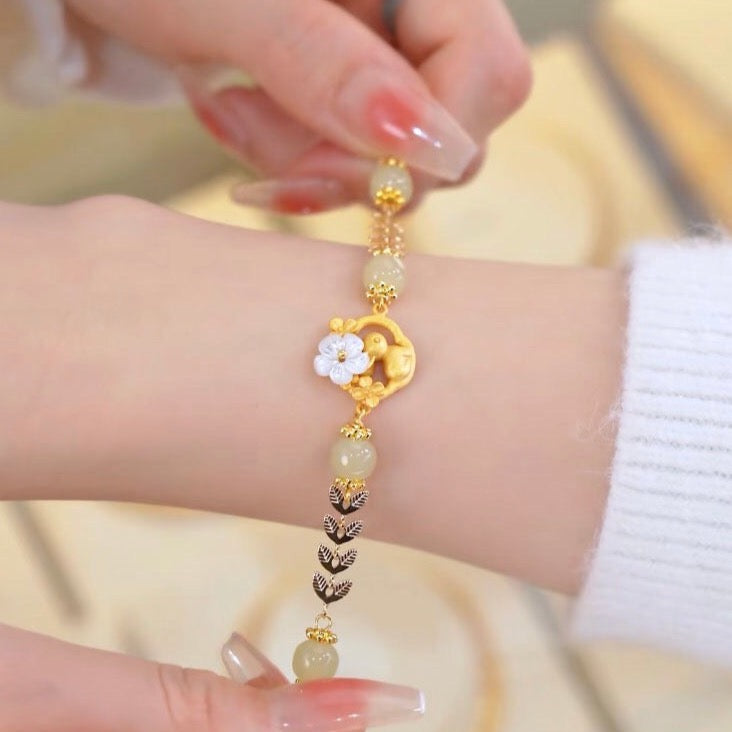 Natural Hetian Jade Feng Shui Rabbit & Flower Bracelet
