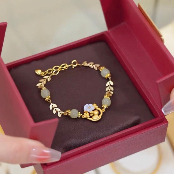 Natural Hetian Jade Feng Shui Rabbit & Flower Bracelet