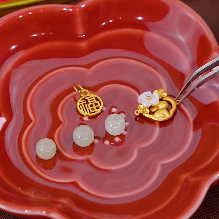 Natural Hetian Jade Feng Shui Rabbit & Flower Bracelet