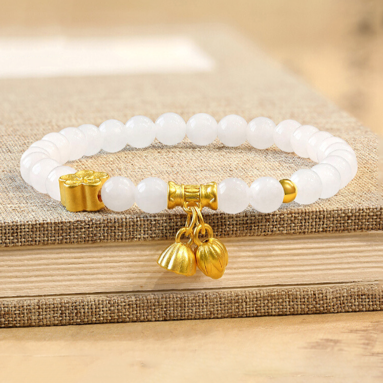 Natural Hetian White Jade Feng Shui Flower & Lotus Bracelet