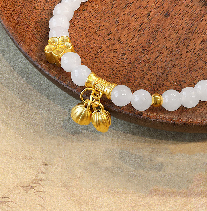 Natural Hetian White Jade Feng Shui Flower & Lotus Bracelet