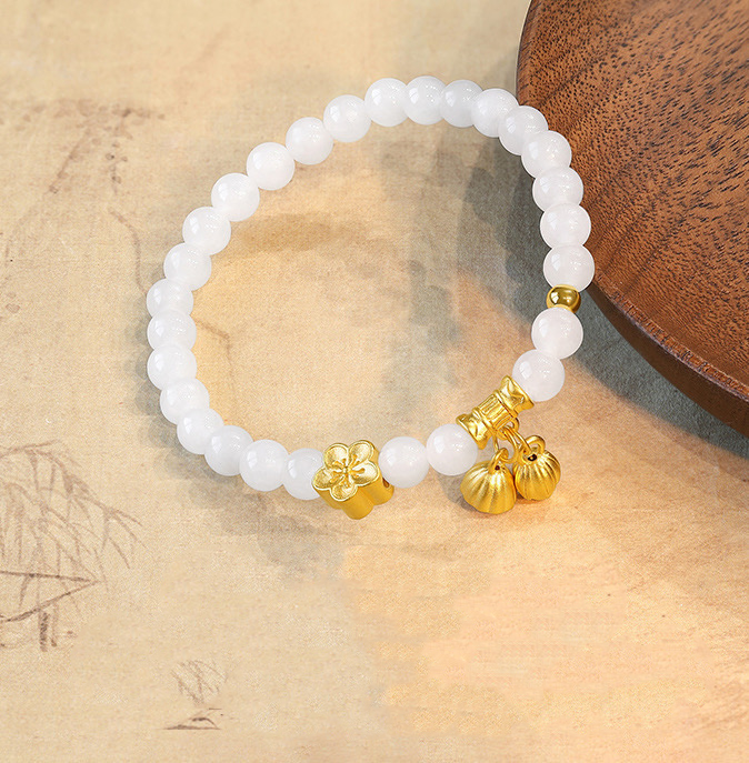 Natural Hetian White Jade Feng Shui Flower & Lotus Bracelet