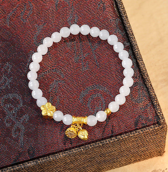 Natural Hetian White Jade Feng Shui Flower & Lotus Bracelet