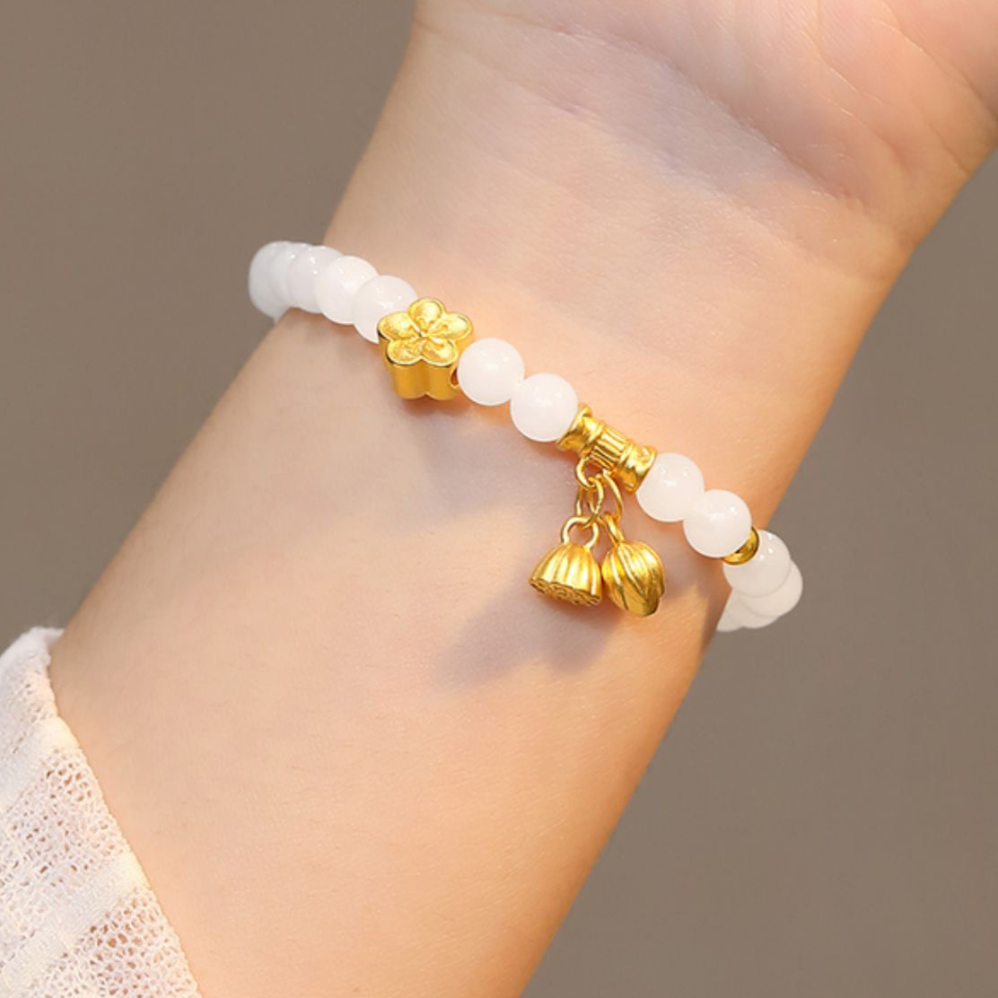 Natural Hetian White Jade Feng Shui Flower & Lotus Bracelet