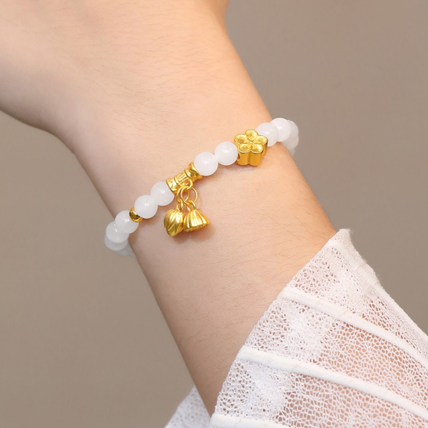 Natural Hetian White Jade Feng Shui Flower & Lotus Bracelet