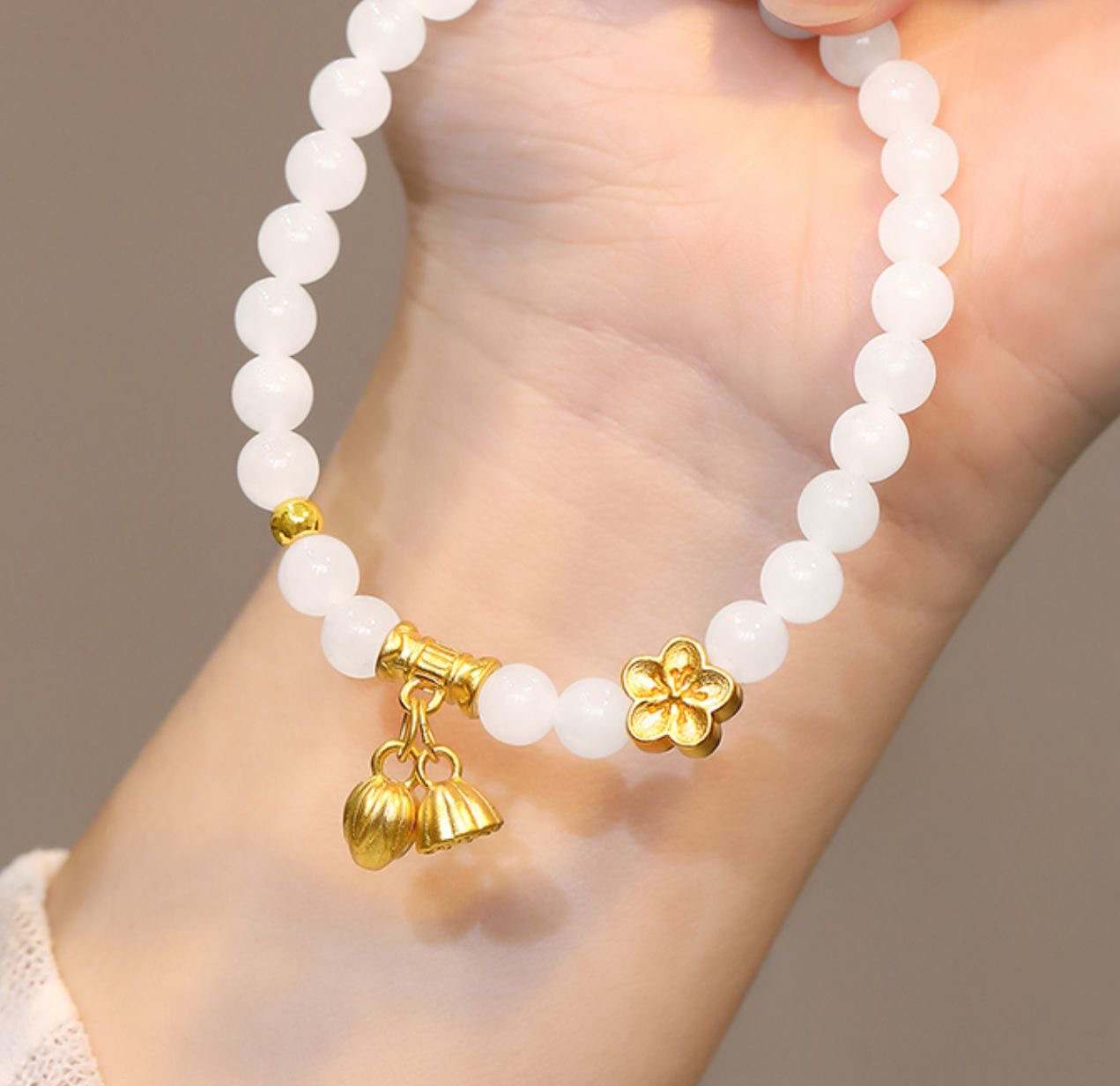 Natural Hetian White Jade Feng Shui Flower & Lotus Bracelet