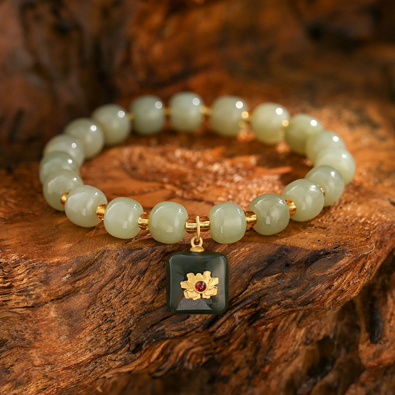 Natural Hetian Jade Feng Shui Flower Auspicious Bracelet