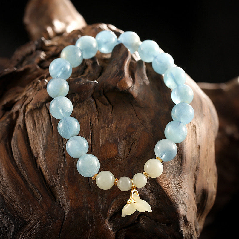 Natural Hetian White Jade Blue Agate Fishtail Bracelet