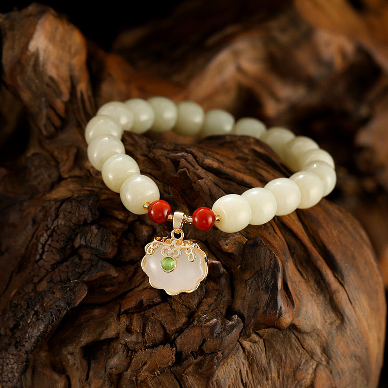 Natural Hetian Jade Ruyi Longevity Lock Bracelet