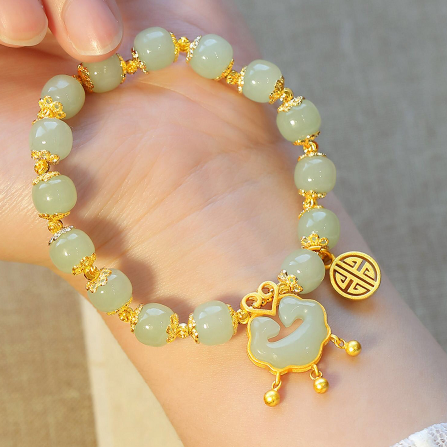 Natural Green Jade Lucky Lock Full Blessing Bracelet