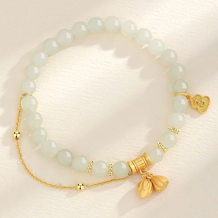 Natural Green Jade Lucky Lotus Bracelet