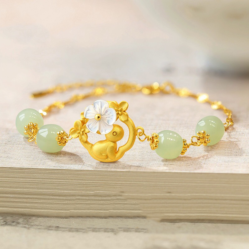 Natural Hetian Jade Feng Shui Rabbit & Flower Bracelet