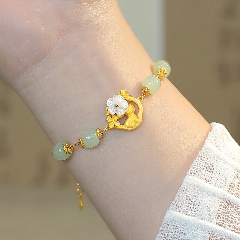 Natural Hetian Jade Feng Shui Rabbit & Flower Bracelet