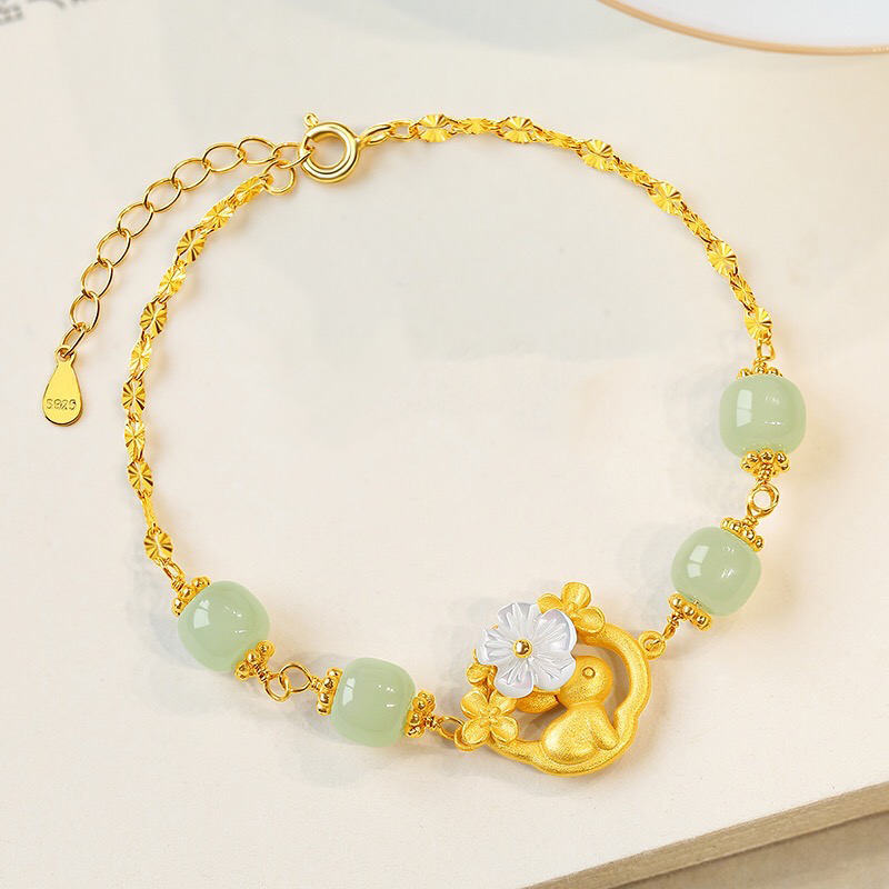 Natural Hetian Jade Feng Shui Rabbit & Flower Bracelet