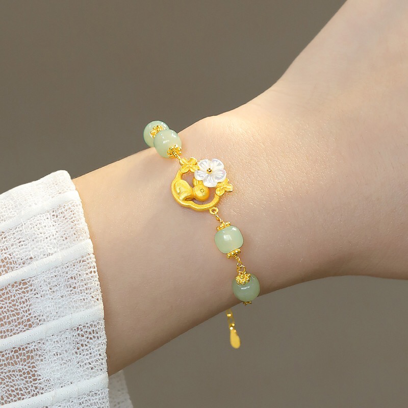 Natural Hetian Jade Feng Shui Rabbit & Flower Bracelet