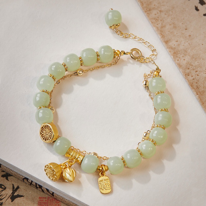 Natural Hetian Jade Lotus Double Layer Bracelet