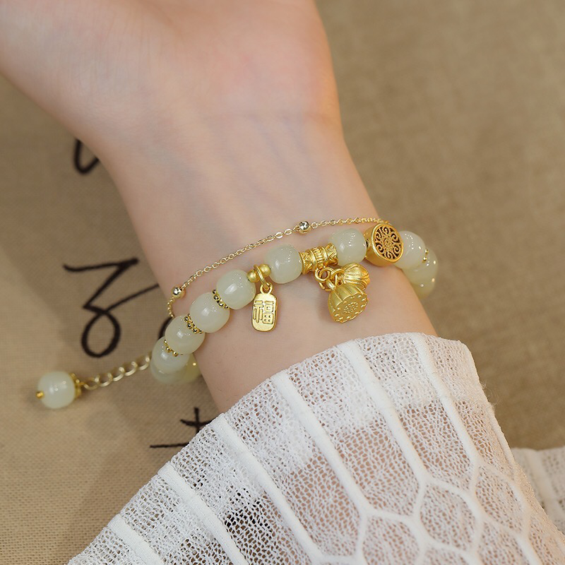 Natural Hetian Jade Lotus Double Layer Bracelet