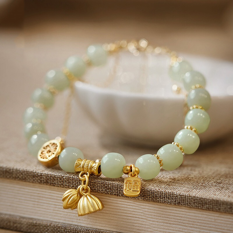 Natural Hetian Jade Lotus Double Layer Bracelet