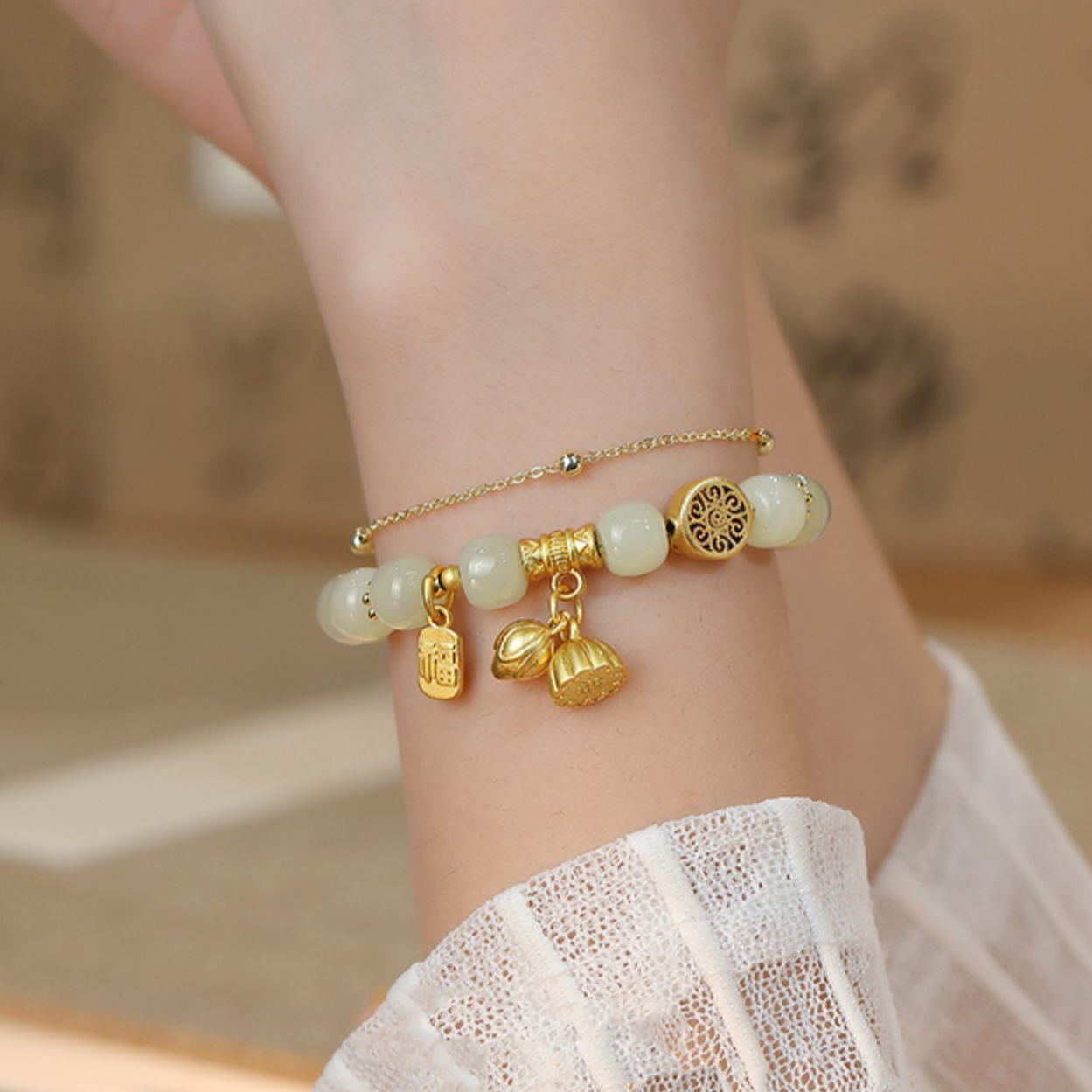 Natural Hetian Jade Lotus Double Layer Bracelet
