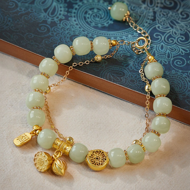 Natural Hetian Jade Lotus Double Layer Bracelet