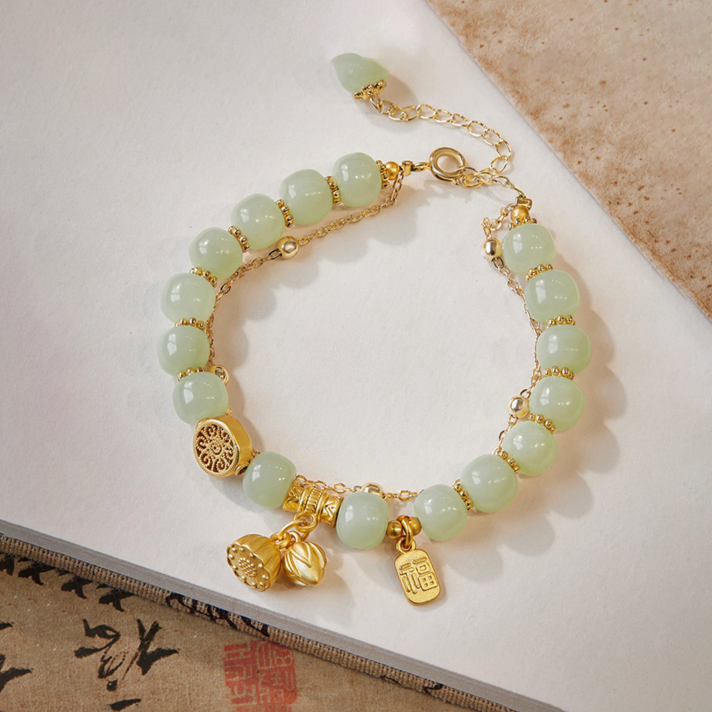 Natural Hetian Jade Lotus Double Layer Bracelet