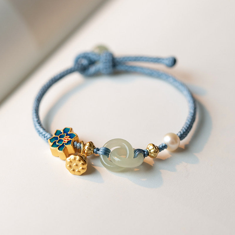 Natural Green Jade Protection Lock Lotus Bracelet