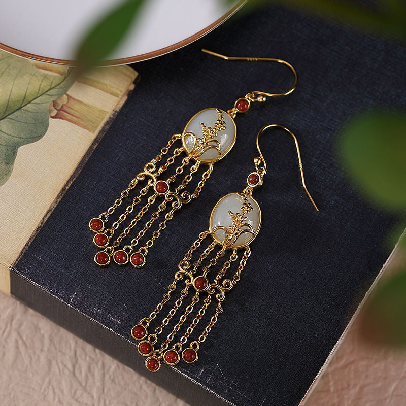 Natural Green Jade Southern Red Agate Earrings