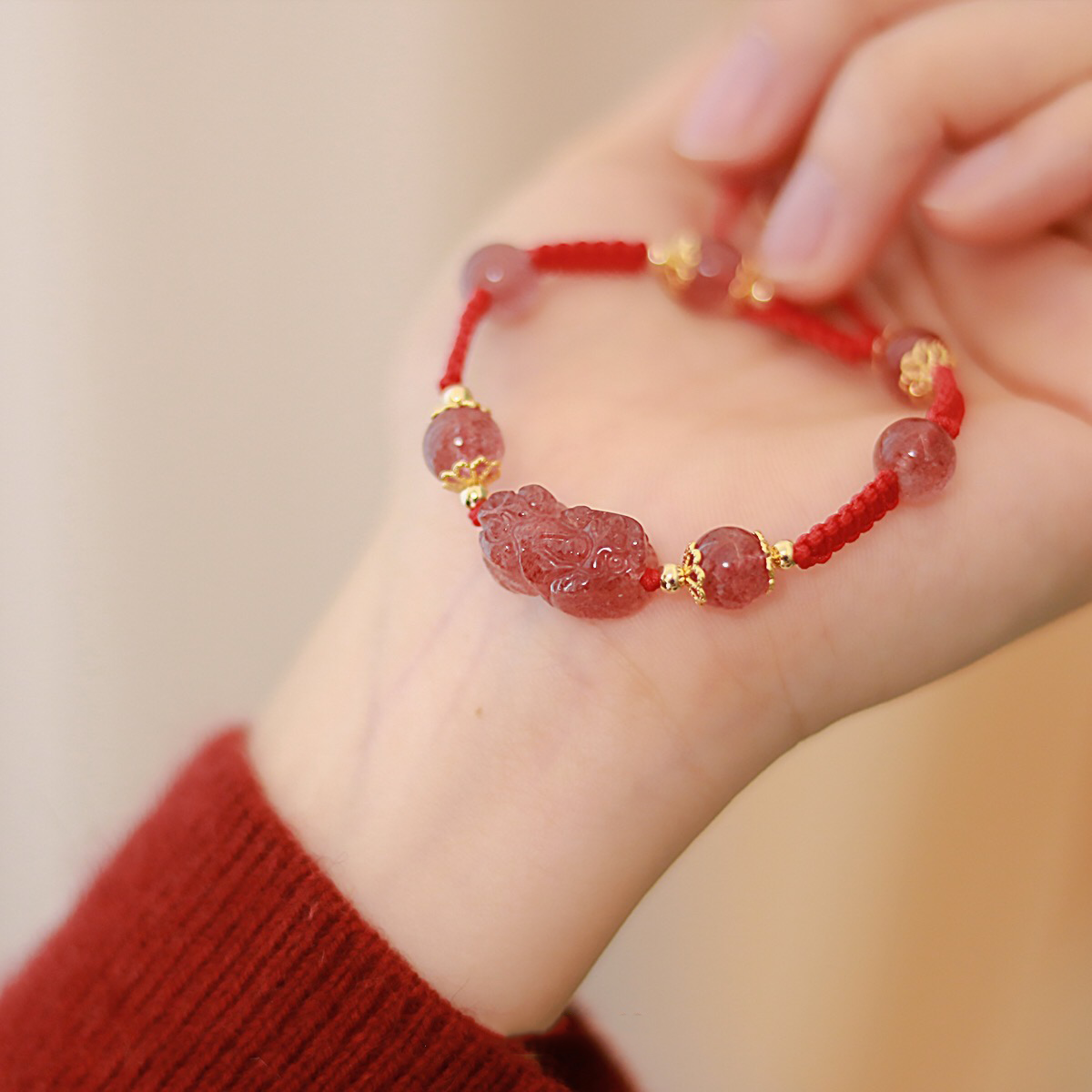 Natural Yanyuan Agate Pixiu Protection Rope Bracelet