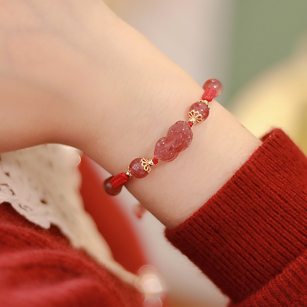 Natural Yanyuan Agate Pixiu Protection Rope Bracelet