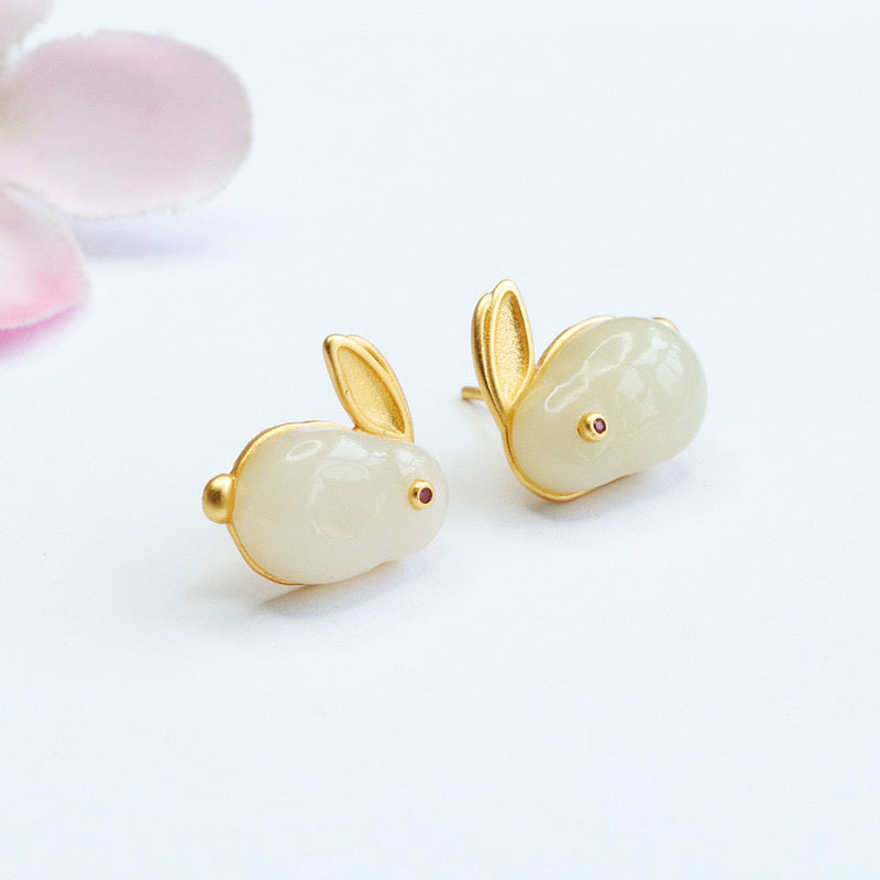Natural Hetian jade Feng Shui Rabbit Earrings