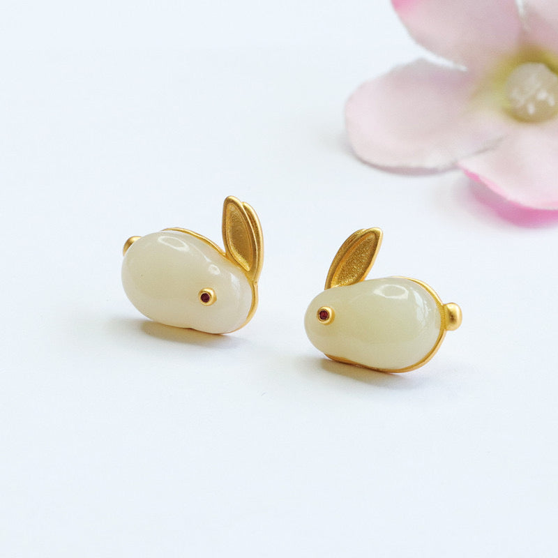 Natural Hetian jade Feng Shui Rabbit Earrings