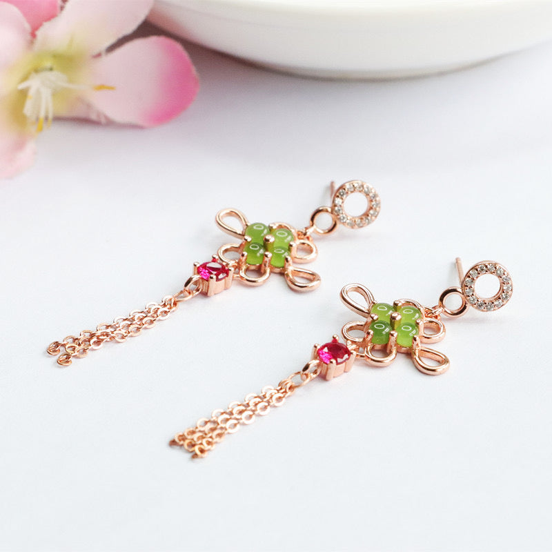 Natural Green Jade Feng Shui Lucky Knot Earrings