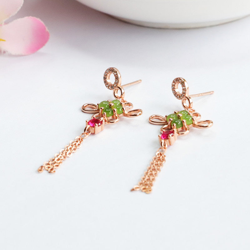 Natural Green Jade Feng Shui Lucky Knot Earrings