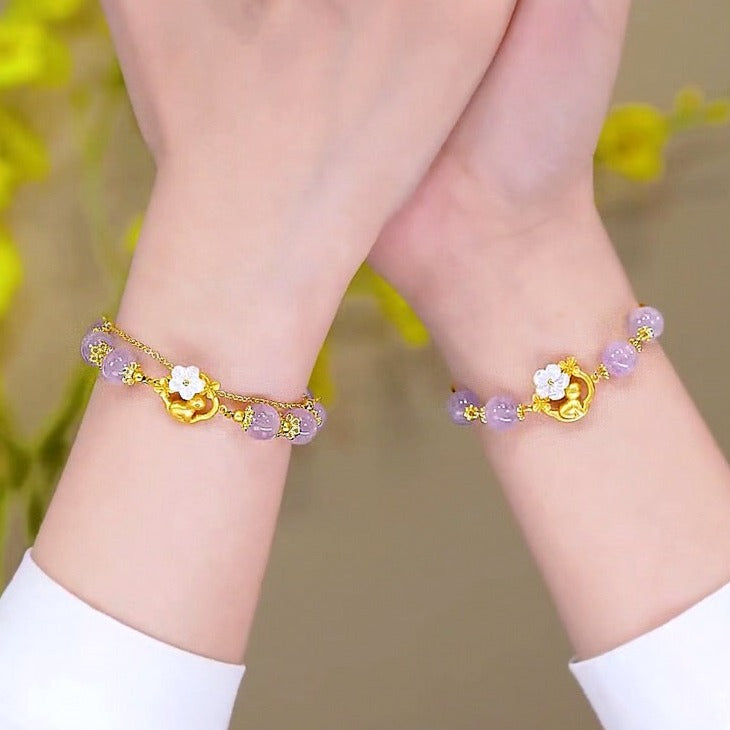 Natural Purple Jade Feng Shui Rabbit & Flower Bracelet