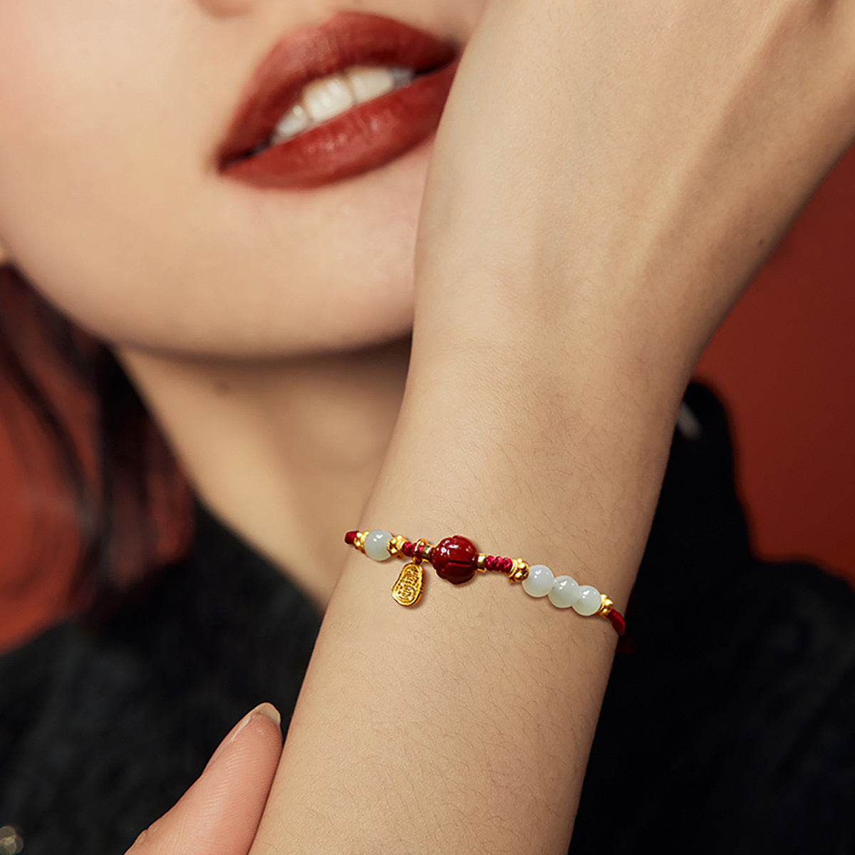 Natural Hetian Jade Feng Shui Red Lotus Rope Bracelet
