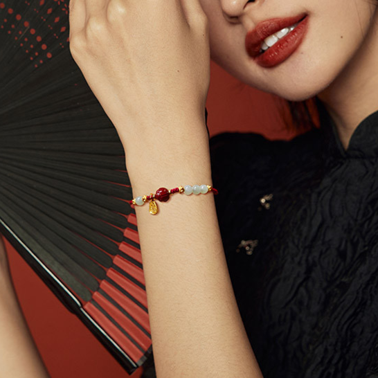 Natural Hetian Jade Feng Shui Red Lotus Rope Bracelet
