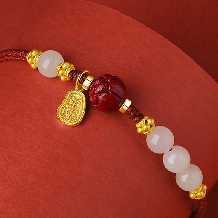 Natural Hetian Jade Feng Shui Red Lotus Rope Bracelet