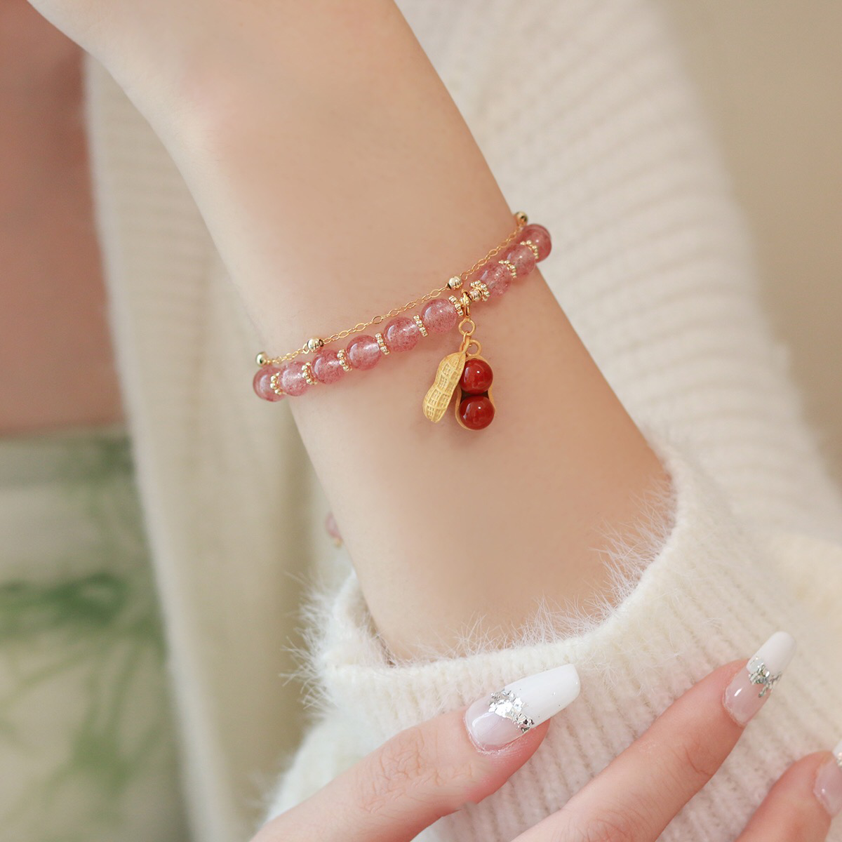 Natural Hetian Green Jade Feng Shui Lucky Peanut Bracelet