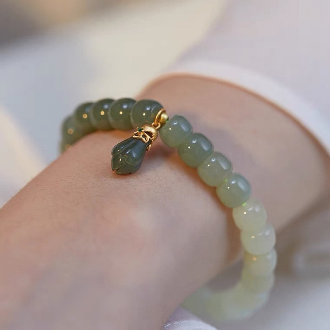 Natural Green Jade Feng Shui Magnolia Bracelet