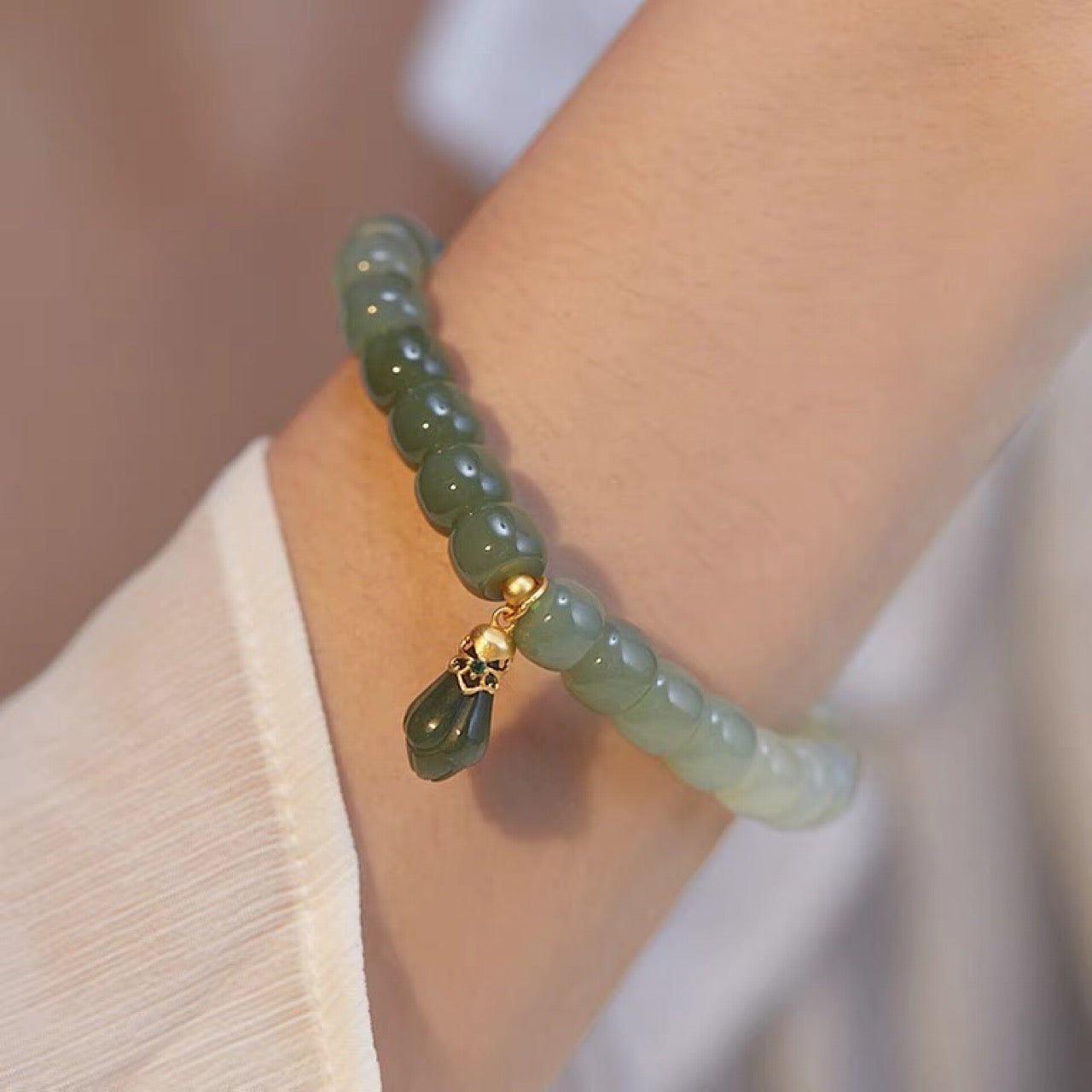 Natural Green Jade Feng Shui Magnolia Bracelet