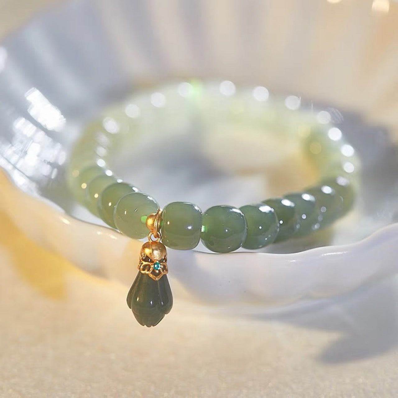 Natural Green Jade Feng Shui Magnolia Bracelet