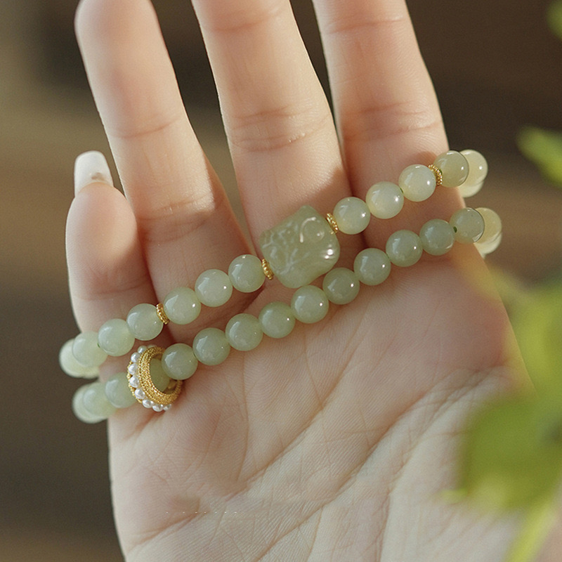 Natural Hetian Jade Pearls Prosperity Double Layer Bracelet