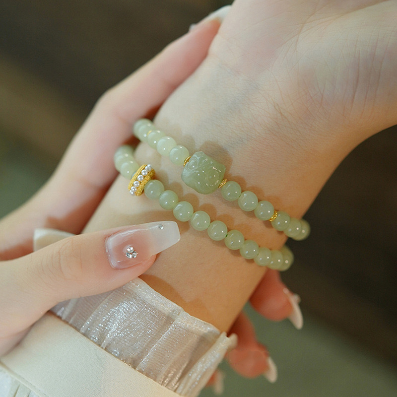 Natural Hetian Jade Pearls Prosperity Double Layer Bracelet