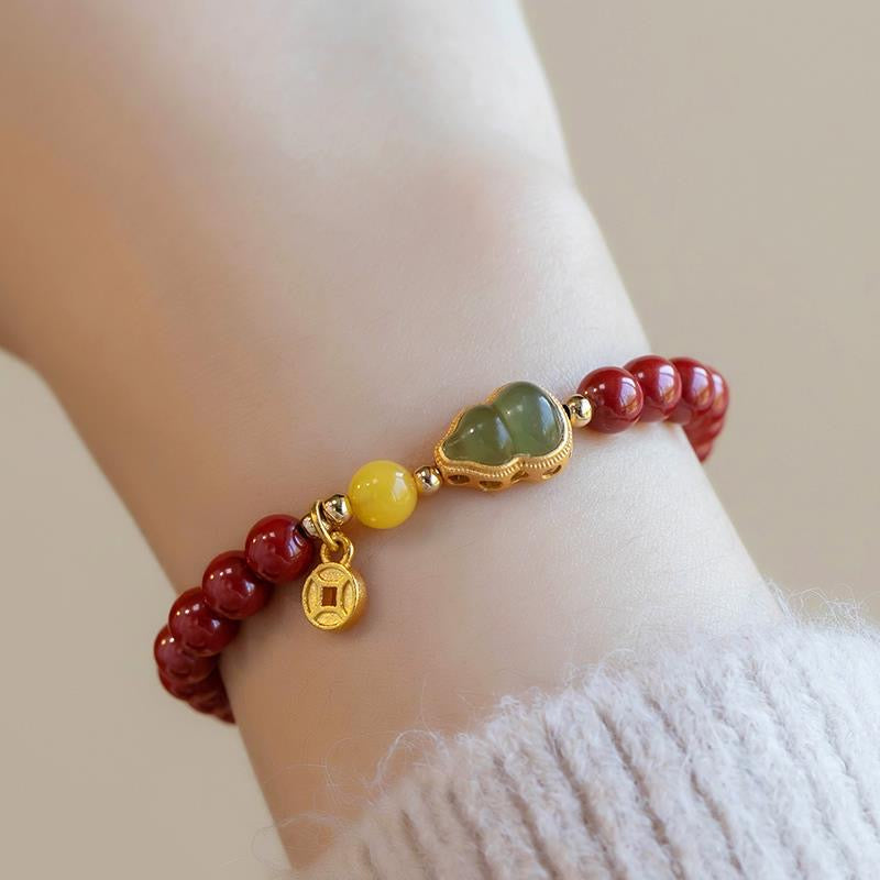 Natural Red Cinnabar & Green Jade Bead Protection Bracelet