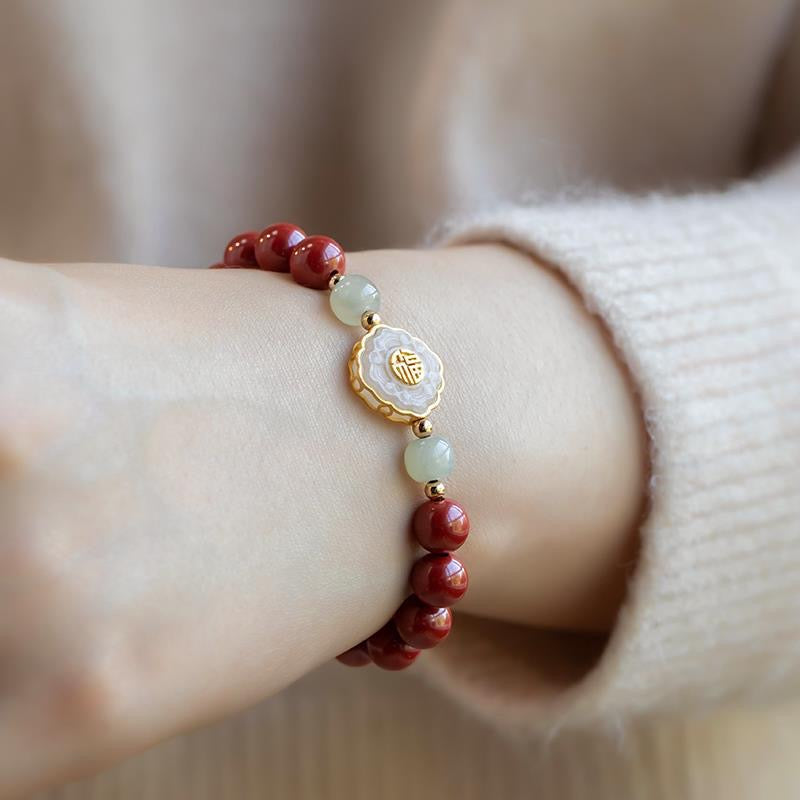 Natural Red Cinnabar & Green Jade Bead Protection Bracelet